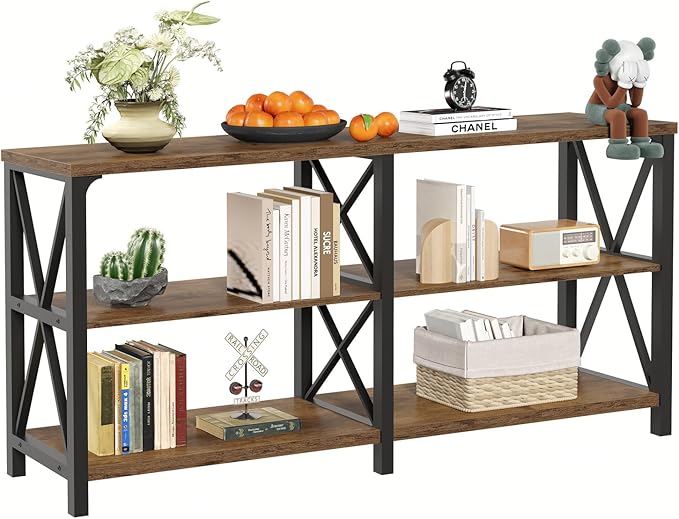 LVB Rustic Console Table, Industrial Wood Metal Sofa Table Behind Couch, Farmhouse Long Entryway Table with Storage Shelf, Large Wooden Foyer Hallway Table for Entry Living Room, Rustic Brown, 63 Inch