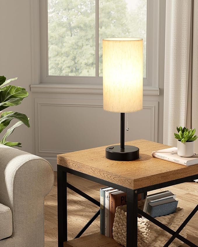 Plus Bedside Table Lamps Set of 2-3 Color Temperatures Pull Chain Lamp with AC Outlet Charging Port, Round Night Stand Lamps for Bedroom Guest Room Office, Bed Side Light with E26 LED Bulbs