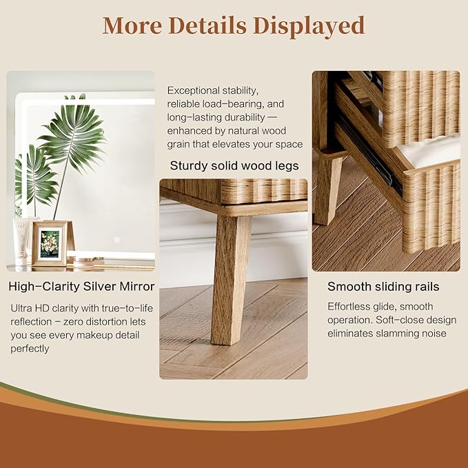 Large Makeup Vanity Desk with Mirror and Lights, Vanity Desk with 6 Drawers & Storage Shelves, Vanity Table with Power Outlet, 3 Color Modes & Adjustable Brightness Dressing Table, Bedroom,Oak