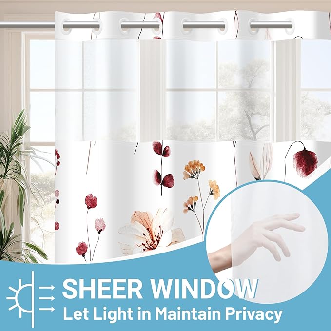 No Hook Shower Curtain with Snap in Liner - Floral Shower Curtain - Fabric Waterproof Inner Liner, Plants Watercolor Burgundy Flower Modern Shower Curtains - Machine Washable, 71 x 74