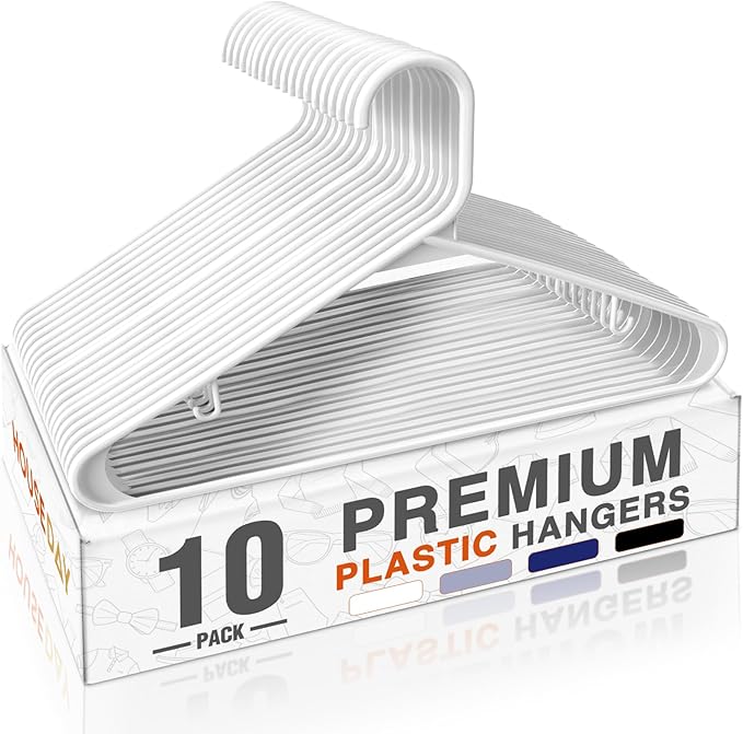 HOUSE DAY White Plastic Hangers 10 Pack, Plastic Clothes Hangers with Built-in Hooks, Durable and Strong Coat Hanger for Closet, Space Saving Clothing Hanger for Shirts, Coats, Skirt, Dress