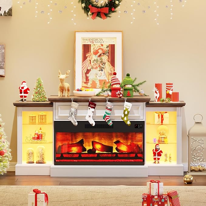 AMERLIFE 70" Fireplace TV Stand with Mantel, Farmhouse Wood Entertainment Center with 3-Sided Glass Fireplace for TVs up to 75", Adjustable Shelves & LED Lights, Distressed White