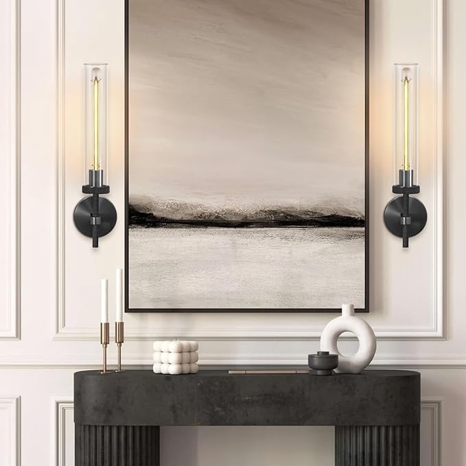 Black Wall Sconce, 19" Tube Glass Sconce Wall Lighting, Bathroom Wall Light, Vanity Lights for Living Room, Wall Lamp for Bedroom, Hallway, Fireplace, Staircase