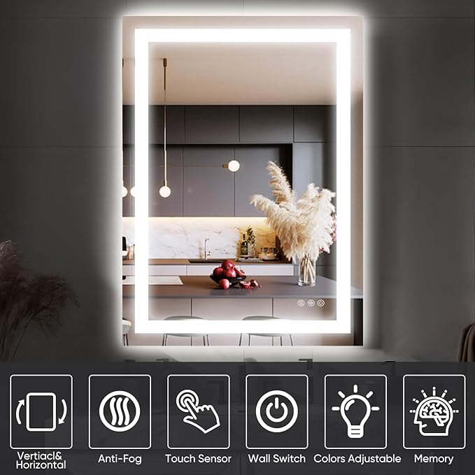 Antok 24"x 36" LED Bathroom Mirror with Lights, Anti-Fog, Dimmable, Lighted Vanity Mirror with Tempered Glass, Memory Function, 3 Light Modes, Safe Use, Horizontal, Vertical