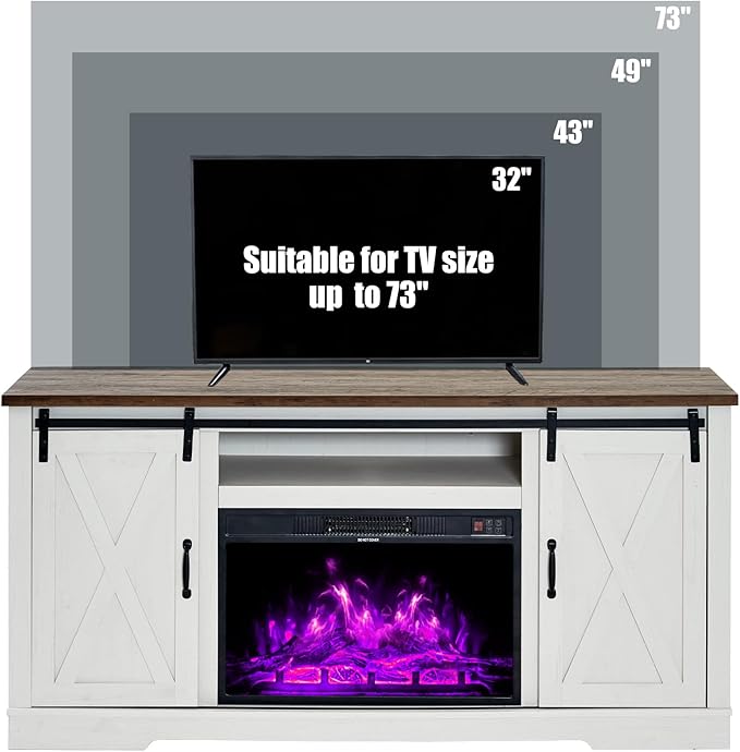 AMERLIFE Fireplace TV Stand with Sliding Barn Door for TVs up to 73", Farmhouse 63" Fireplace Entertainment Center with Storage Cabinets/Adjustable Shelves, Distressed White & Barnwood