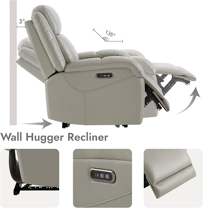 Watson & Whitely Genuine Leather Power Recliner Chairs for Adults, Wall Hugger RV Recliner with Power Headrest & Charging Ports, Electric Recliner Sofa Chair for Living Room, Grey