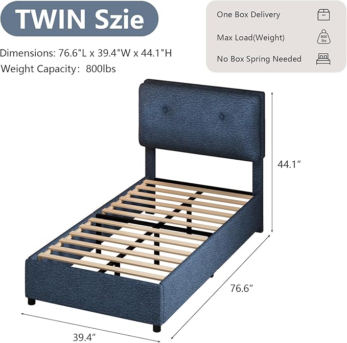 Twin Bed Frames,Breathable Boucle Fabric Upholstered Bed Frame Twin with Headboard,Removable and Washable,Wood Slat Support,No Box Spring Needed,Easy Assembly,Cama Individual,Navy Blue