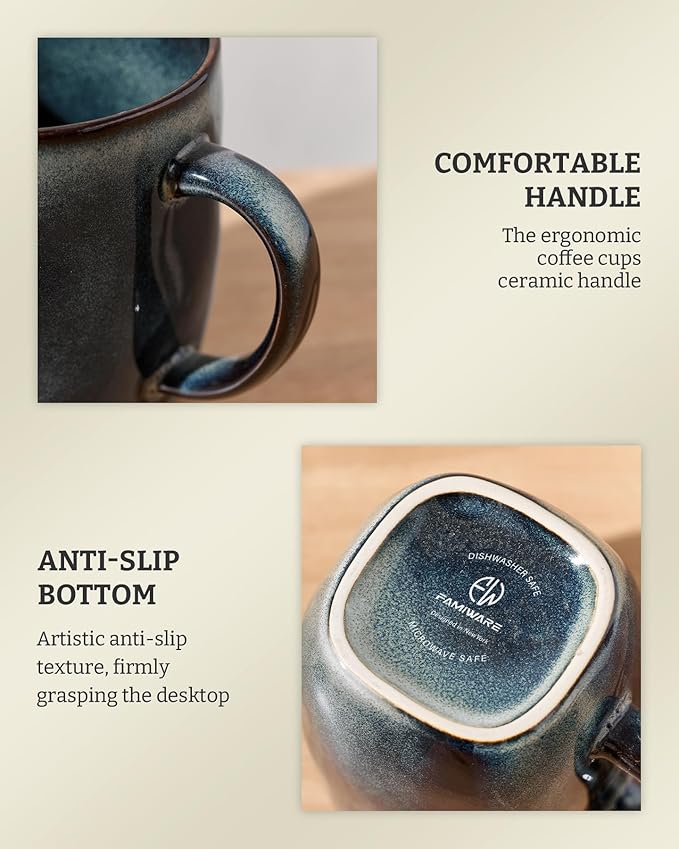 famiware Coffee Mugs Set of 4, Ocean Square 13oz Coffee Cup Set with Handle for Cocoa, Milk, Hot Chocolate, Stoneware Cups for Kitchen, Reactive Glaze, Microwave and Dishwasher Safe, Deep Forest
