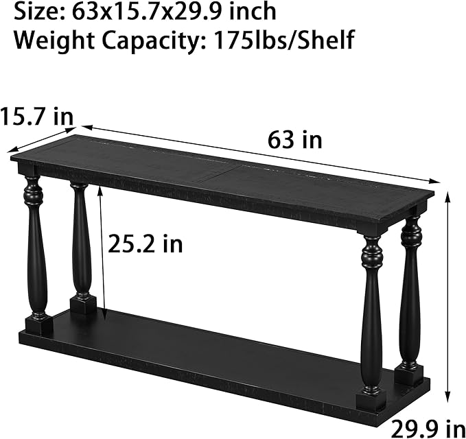 63 Inch Console Table with 4 Vase-Leg, Vintage Wood Grain Sofa Table Behind Couch, Narrow Entryway Accent Table for Living Room, Entrance, Hallway, Foyer, Bedroom, Apartments, Black