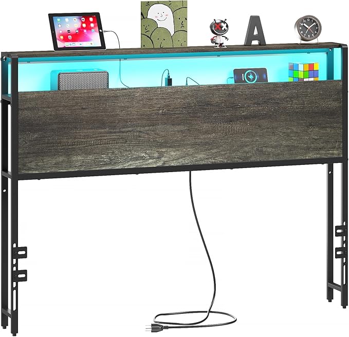 Full Sized Headboard with 2 Tiers Storage Shelves, Sturdy and Stable Headboard with Charging Station, USB Ports and LED Light for Full Bed Frame, Black Oak