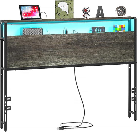 Full Sized Headboard with 2 Tiers Storage Shelves, Sturdy and Stable Headboard with Charging Station, USB Ports and LED Light for Full Bed Frame, Black Oak
