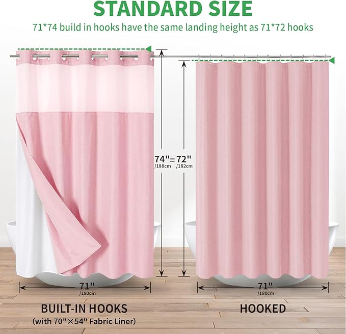 No Hooks Needed Linen Textured Shower Curtain with Snap-in Fabric Liner Set,Hotel Luxury Decor Shower Curtains for Bathroom with Mesh Top Window,Waterproof & Washable,71Wx74H,Pink