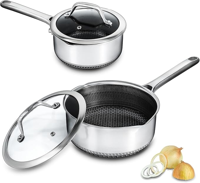 Hybrid Nonstick Saucepan Set of 2 with Lids 1.5 QT and 3 QT, Stainless Steel Honeycomb Pans with Side Pour Spouts,Compatible with All Cooktops,Dishwasher and Oven Safe