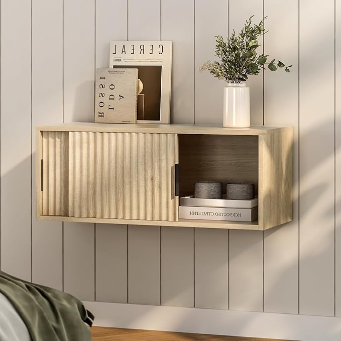 Fluted Floating TV Stand Set of 2, 30" Multi-Purpose Modern TV Display Shelf Console Entertainment Center Cabinet with Sliding Doors for Bedroom Living Room Entryway, Light Oak