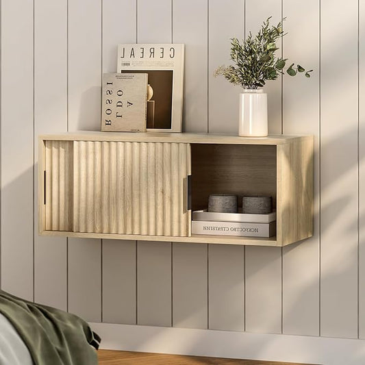 Fluted Floating TV Stand, 30" Multi-Purpose Modern TV Display Shelf Console Entertainment Center Cabinet with Sliding Doors for Bedroom Living Room Entryway, Light Oak