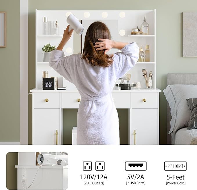 Makeup Vanity Desk with Mirror and Lights, 43" White Vanity Set with Chair, 3 Drawers, Power Outlet & Adjustable RGB LED Lights, Dressing Table with Storage Shelf for Women & Girls Bedroom