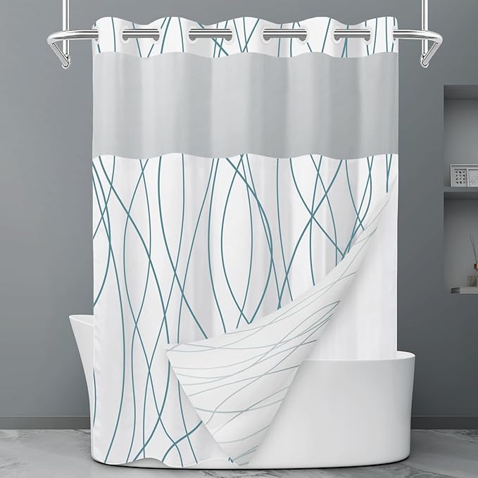 No Hook Navy Blue Striped Shower Curtain with Snap in Fabric Liner Set - Hotel Shower Curtain and Liner Set with See Through Mesh Top Window,Machine Washable, 71x74 INCH