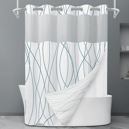 No Hook Navy Blue Striped Shower Curtain with Snap in Fabric Liner Set - Hotel Shower Curtain and Liner Set with See Through Mesh Top Window,Machine Washable, 71x74 INCH