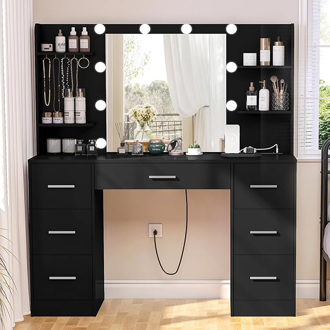 Large Makeup Vanity, 42.1" Vanity Desk with Mirror and Lights, Makeup Vanity Table with 7 Drawers, 4 Shelves, 5 Jewel Hooks & Power Strip, Vanity Desk Set for Bedroom, White