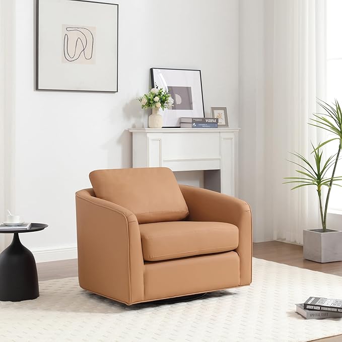 MINCETA Accent Chairs,Oversized 360 Swivel Armchair(Seat Area:25.6" D x 26.8" W),Modern Comfy Reading Chairs for Living Room with Metal Base,Set of 2,PU Leather in Brown