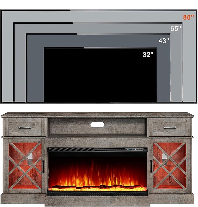 3-Sided Farmhouse LED Fireplace TV Stand, 70" Large Entertainment Center Glass Doors for TVs up to 80", Modern Wood Grain High-Gloss TV Storage Cabinet for Living Room, Light Grey