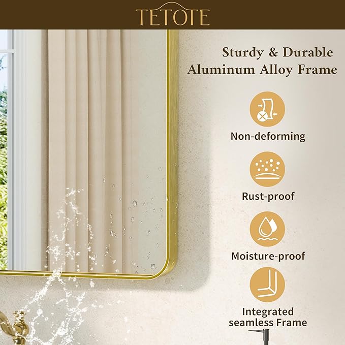 TETOTE 72 x 36 Inch Gold Framed Mirror Vanity Mirrors for Wall Decor Brushed Gold Bathroom Mirrors, Tempered Glass, Modern Farmhouse Wall Mounted Mirror for Decorative(Horizontal/Vertical)