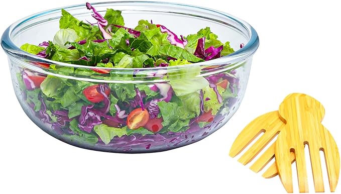 Mixing Bowls - 6 Quarts Glass Mixing Bowls - Salad Bowl With Serving Utensils - Microwave And Freezer Safe Bowls For Kitchen