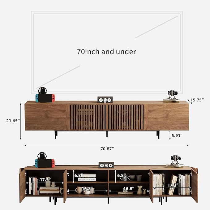Modern Walnut TV Console for 70 Inch Screen – Long 70.87” Media Unit with Grille Doors and Drawers, Great for Living Rooms & Bedrooms