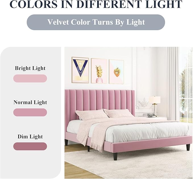 Allewie Queen Bed Frame/Velvet Upholstered Bed Frame with Vertical Channel Tufted Headboard/Strong Wooden Slats/Platform Bed Frame/Mattress Foundation/Box Spring Optional/Easy Assembly/Pink