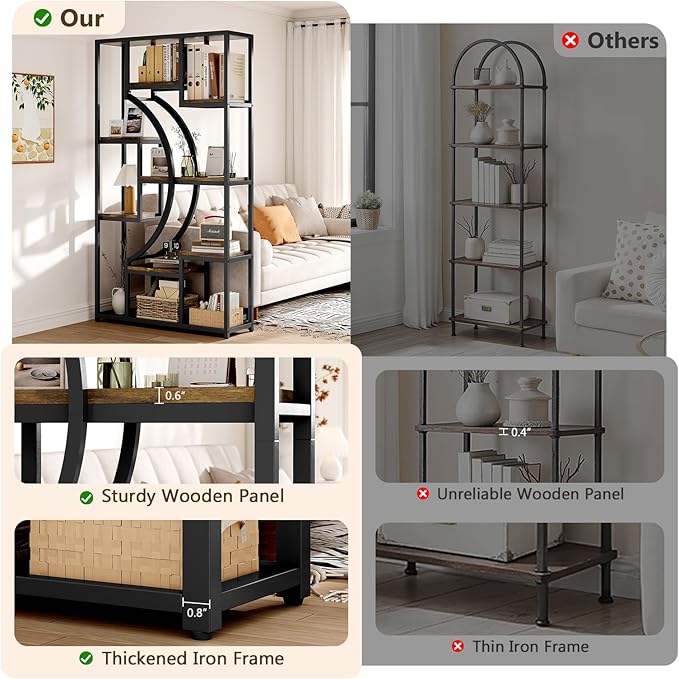 LGHM Industrial 5-Tier Bookshelf with Storage, 70.9 Inch Tall Large Display Bookcase - Modern Metal Standing Shelves for Living Room, Office and Bedroom, Set of 2, Brown
