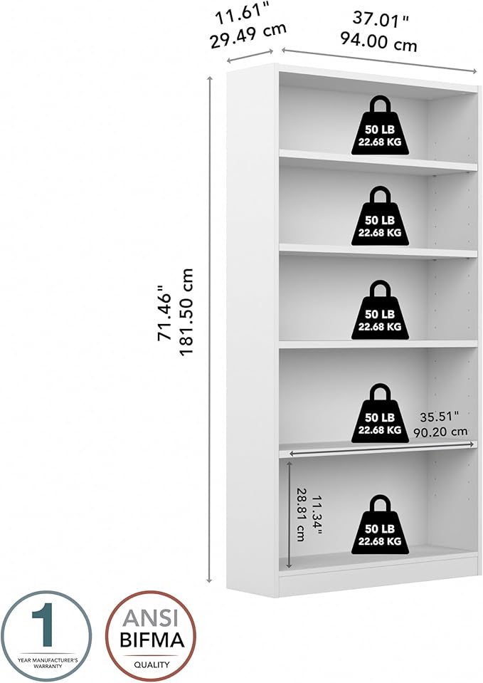 Bush Furniture Universal Tall 5 Shelf Bookcase in White, Vertical Storage and Display Bookshelf for Home Office or Living Room Organization