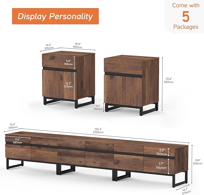 WAMPAT TV Stand and End Table Set of 3, Living Room Table Sets, 106 Inch TV Stand and 2 End Table Set with Drawers for Living Room, Entertainment Center, Console TV Table,Brown