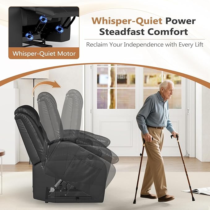 ANJ Power Lift Recliner Chair with Massage and Heat, PU Leather Overstuffed Electric Lift Chair for Elderly, Oversized Single Sofa Recliner with Side Pockets, Remote Control(Black)