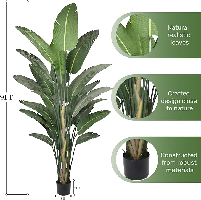 9FT Artificial Bird of Paradise Tree 106 Inch Large Faux Silk Plants Banana Leaf with 25 Trunks in Black Pot for Home Decor Living Room Office Bedroom