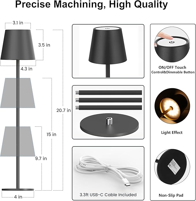 2-Pack Cordless Metal Table Lamp, 3 Adjustable Heights, 5400mAh Rechargeable Battery, 3 Colors Touch Dimming, Waterproof Portable Wireless Desk Lamp for Restaurant, Bedroom, Outdoor Patio