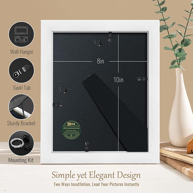 VCK 8x10 Poster Frame White - 2 pack, Solid Wood Picture Frames with Polished Plexiglass, Wall Hanging