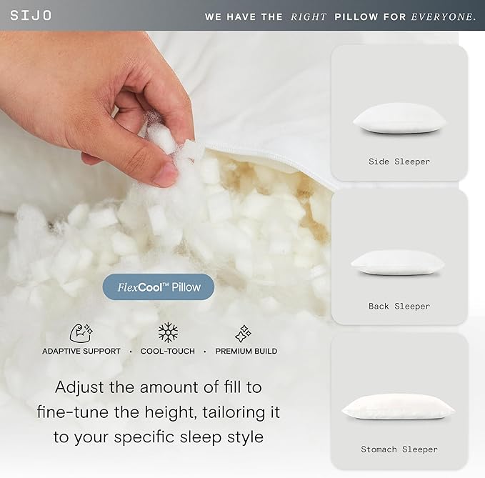 Sijo FlexCool Shredded Memory Foam Pillow - Adjustable Bed Pillow with Cooling Surface - Good Housekeeping 2025 Bedding Award Winner - Medium Firm Perfect for Back, Side, Stomach Sleepers (King)