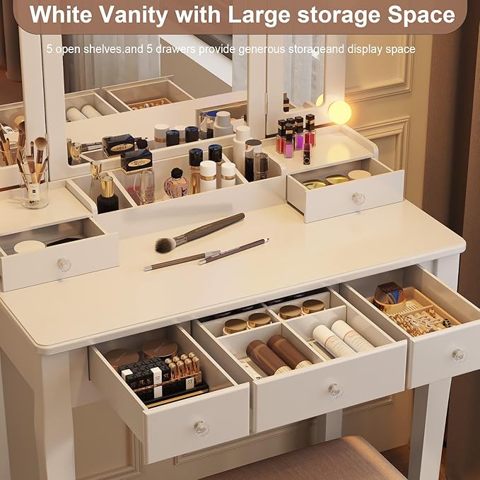 Vanity Desk with Mirror and Lights, Kids Vanity with Lights,5 Drawers and Cabinets White Vanity with Lighted Mirror Vanity Desk and Chair for Bedroom