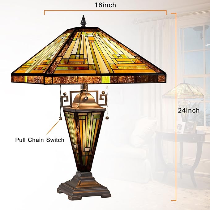 Capulina Tiffany Lamp Stained Glass Table Lamp, Mother-Daughter Vase 3-Light,16X16X24 Inches Amber Brown Mission Tiffany Style Desk Reading Lamp for Living Room Bedroom Study Home Office