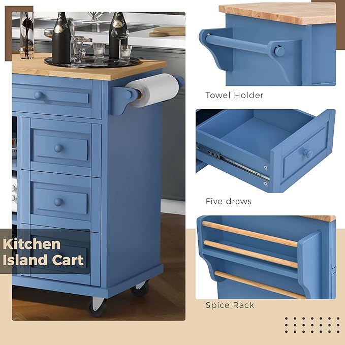 Rolling Kitchen Cart with Rubber Wood Desktop Mobile Kitchen Island with Storage and 5 Drawers for Dining Room Kitchens Living Room 52.8" L*18.1" W*36.2" H Blue