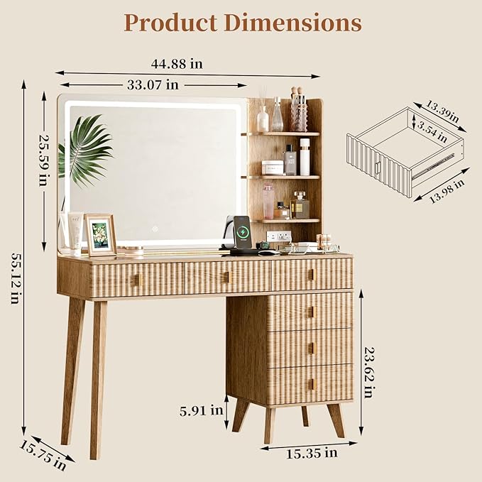 Large Makeup Vanity Desk with Mirror and Lights, Vanity Desk with 6 Drawers & Storage Shelves, Vanity Table with Power Outlet, 3 Color Modes & Adjustable Brightness Dressing Table, Bedroom,Oak