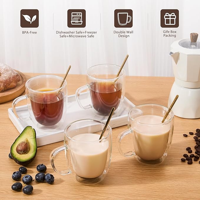 Glass Coffee Mugs Set Of 6, 13.5 OZ Insulated Double Wall Coffee Cups, Perfect for Cappuccino, Latte, Americano, Tea Bag, Beverage,Glass Coffee Cups With Handles