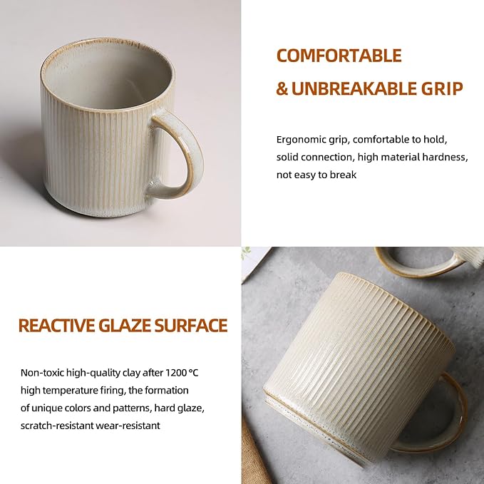 MONITO 16Oz Coffee Mugs Set of 4, Rustic Ceramic Coffee Cups Set with Large Handle, Vintage Striped Stoneware Coffee Mugs for Latte, Cocoa, Tea, Milk, Microwave & Dishwasher Safe, Bonbon Beige