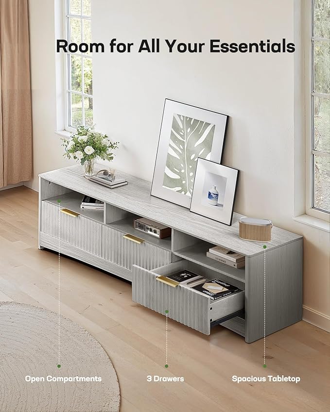 Marsail 59″ Wide TV Stand for TVs Up to 65″, Modern Entertainment Center with Fluted Panels, 3 Easy-Sliding Drawers, Open Shelves & Cable Hole, 3-Tier TV Stands for Living Room & Bedroom, Light Grey