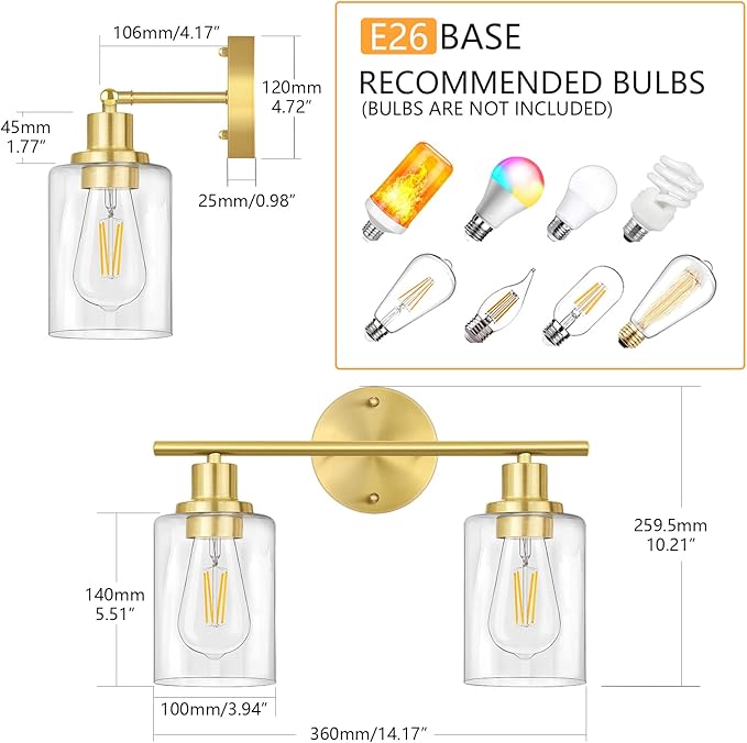 FOLKSMATE Bathroom Light Fixtures, 2-Light Brushed Brass Vanity Light, Gold Wall Sconces Lighting, Modern Bath Wall Mounted Lighting with Glass Shade, Porch Lamp for Mirror, Bedroom, Hallway