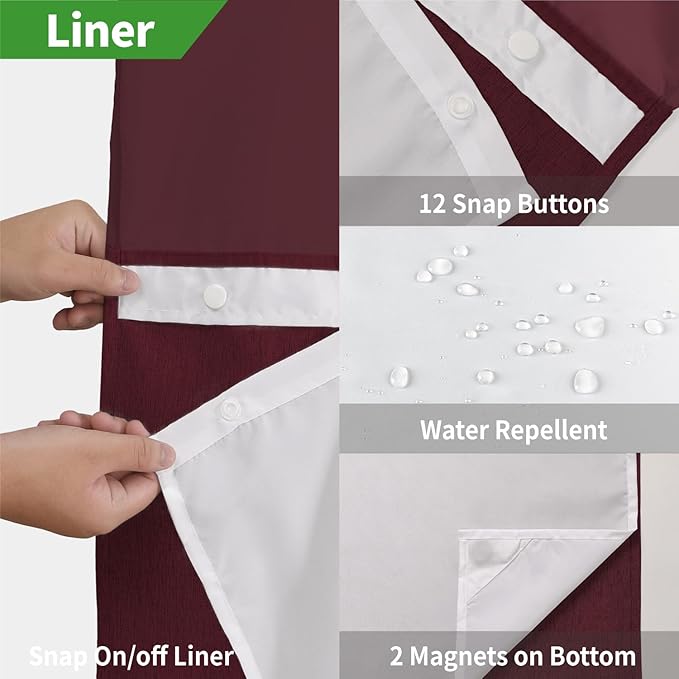 Extra Long No Hooks Needed Linen Textured Shower Curtain with Snap-in Fabric Liner Set,White Hotel Luxury Decor Shower Curtains for Bathroom,Waterproof & Washable,71Wx86H,Burgundy