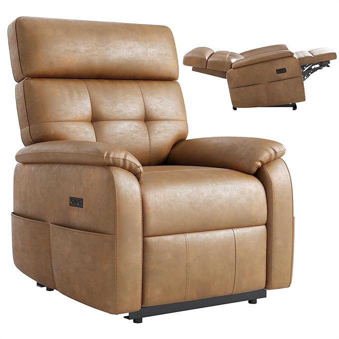 Claiks Zero Gravity Recliner Chair, Oversized Reclining Chair for Adults, Adjustable Electric Reclining Sofa Lounge with USB&Type-C Ports, Side Pocket, for Living Room, PU Leather, Brown