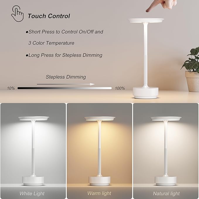 2 Pack Rechargeable Cordless Table Lamps, Portable 5000mAh Outdoor Table Light, 3 Color Stepless Dimming LED Table Lamp with Memory Function, for Home/Dinner/Patio/Restaurant.(White)