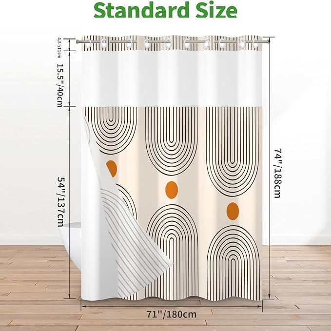 No Hook Shower Curtain with Snap in Liner, Boho Mid Century Modern Arch Heavy Duty See Through Window Waterproof Machine Washable Bathroom Curtain 71" W x 74" L (Pack of 1)