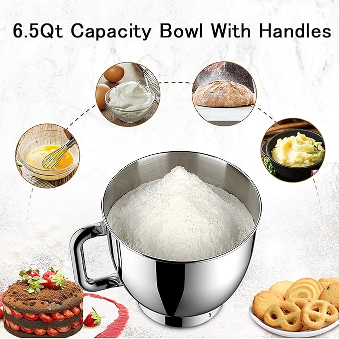 Stand Mixer, 6.5QT Electric Kitchen Mixer, 6+P Speed Adjustable Tilt-Head Food Mixer with Dough Hook, Egg Whisk & Beater (White)